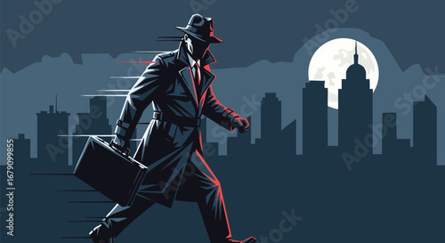 Mysterious Figure in Cityscape: A Noir Illustration of Business Intrigue and Urban Secrets Under the Moonlight