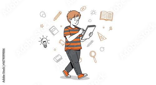 Young Person Sketching Ideas Symbolized With Knowledge and Learning Elements Illustration
