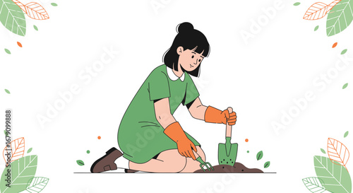 Young Gardener Joyfully Tending The Earth Planting Flowers With Gardening Tools