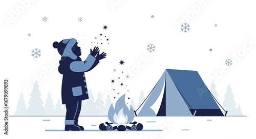 Young Person Stargazing at Snowflakes Near a Campfire and a Teal Tent in Winter