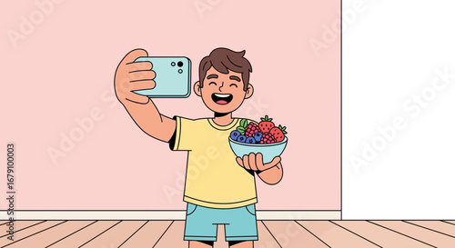Young Person Taking A Smartphone Photo with Fresh Fruit in Hand Portrait