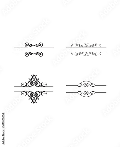 Set of four flowing black calligraphic decorative dividers and frame elements on an isolated white background, symmetrical page accents
