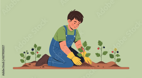 Young Gardener Planting Berry Bushes in a Garden with Sunlight and Fresh Air