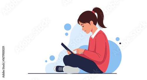 Young Person Utilizing Tablet Device For Research And Leisure Activities Illustrated Artwork