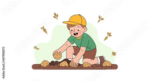 Young Gardener Planting Potatoes in Soil, Summer Outdoor Activity Illustration