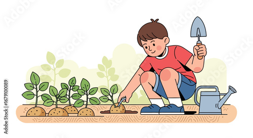 Young Gardener Planting Seedlings And Nurturing Their Little Home Garden With Water
