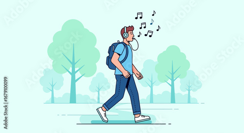 Young Person Walking With Headphones, Whistling, Surrounded By Trees, and Outdoors