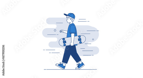 Young Person With Skateboard Walking In The Street Vector Line Art Illustration Design