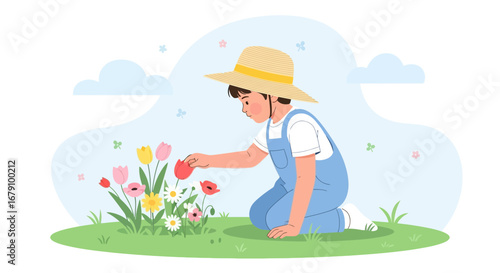 Young Gardener Tending to Colorful Flowers Under Sky and Sunny Day Illustration