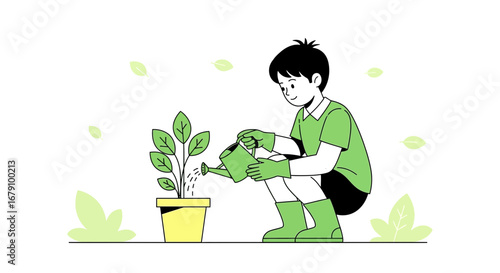 Young Gardener Watering Potted Plant, Illustrating Environmental Care and Cultivation