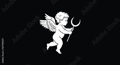 Monochrome celestial cupid, illustration of angelic figure bearing the crescent moon, mystical charm and spiritual presence concept
