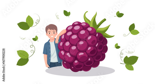 Young Person With Blackberry, Fresh Berries Illustration, Sweet Fruit Organic Food