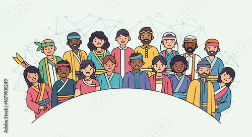 Cartoon depiction of diverse individuals showcasing cultural attire and interconnectedness creating a colorful celebration of global connections