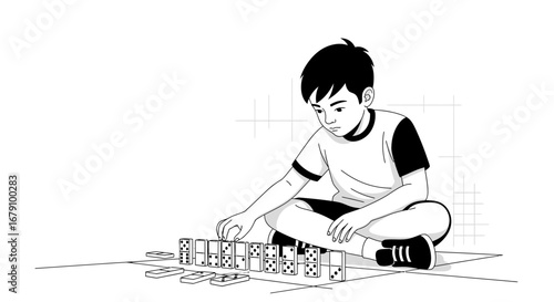 Young Person's Focus Playing Dominoes on a Floor, Concentrating on the Game Strategy