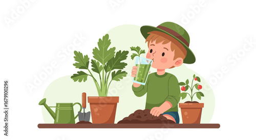 Young Gardner Enjoying A Refreshing Green Juice And Caring For His Plants