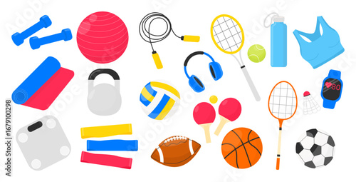 Flat vector set of fitness and sport equipment including gym accessories, workout gear, balls, racket, smartwatch and healthy lifestyle items. Isolated objects for design.