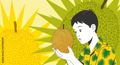 Young Person's Discovery Of A Spiky Tropical Fruit Against A Dynamic Background