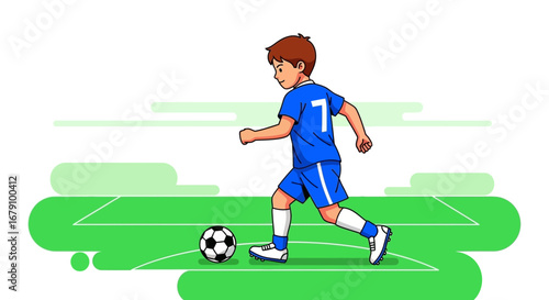 Young Player Kicking Soccer Ball on Green Field with Sportswear Uniform, Concept Vector