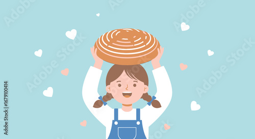 Young Girl Balancing Freshly Baked Bread, Celebrating Joyful and Happy Moments