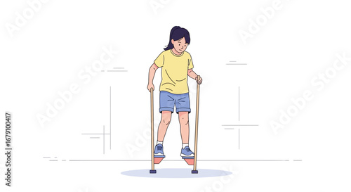 Young Girl Balancing While Walking On Stilts, Playing And Enjoying Her Summer Time