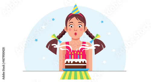 Young girl blowing out candles on a birthday cake with festive party hat