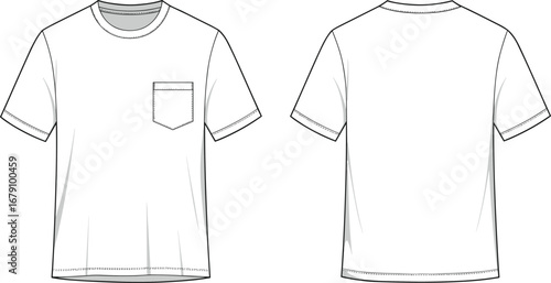 Short sleeve t-shirt flat sketch, front and back view, chest pocket design, crew neck, casual wear, vector fashion template, clothing technical drawing