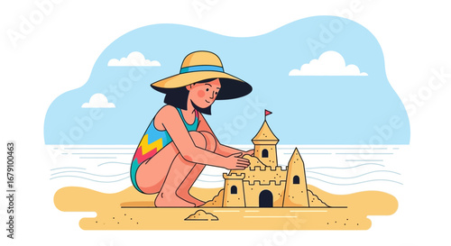 Young girl building sandcastle on sunny beach during summer vacation days
