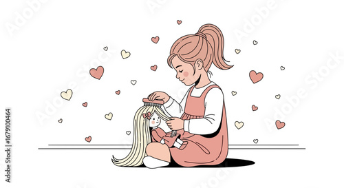 Young Girl Brushing Her Doll's Hair With Hearts Floating Around Her Intentionally