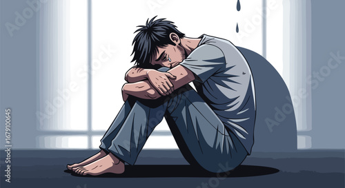 Despair and Isolation: An Illustration of a Man Consumed by Sorrow, Seeking Solace in a Moment of Intense Emotional Anguish