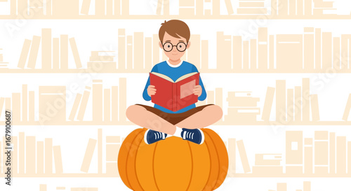 Young Reader Enjoying Literature While Perched Atop A Pumpkin Against Bookstore Shelves
