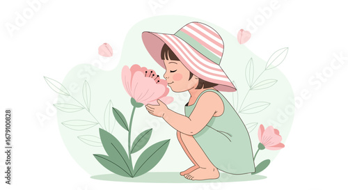 Young Girl Delightfully Smelling Pink Flower in the Sunshine, Smiling, Happy, Smiling, Joy