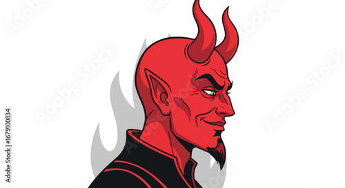 Cartoon illustration depicting a devilish character with horns set against a fiery background, with a minimalist art style and bold line work
