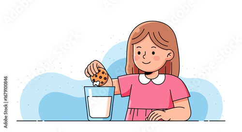 Young Girl Dips Cookie Into Milk Depicting Childhood Joy And Dessert Snack