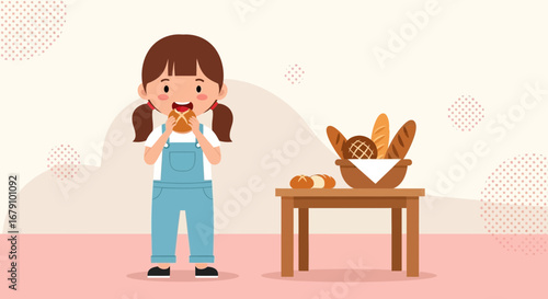 Young Girl Enjoying A Delicious Bread With Variety Of Bakery Products On Table, Illustration
