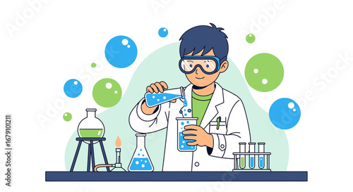 Young Scientist Conducts Experiments With Chemical Reactions In Laboratory
