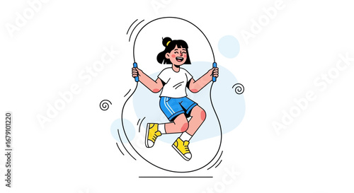 Young girl happily jumping rope playing in a playful and healthy lifestyle