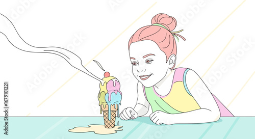 Young Girl Gazing At A Melting Ice Cream Cone Dreaming Of Sweet Cold Desert
