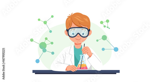 Young scientist doing a chemistry experiment in a lab wearing protective goggles no special characters