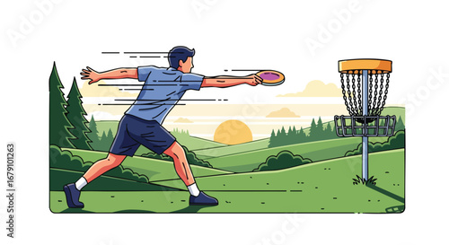 Dynamic disc golf illustration showcasing a player launching a frisbee towards the basket in a scenic outdoor course