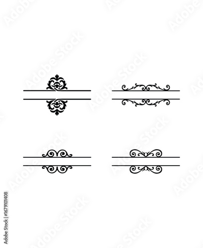 Set of four bold black calligraphic decorative dividers and heading accents on an isolated white background, vintage design elements