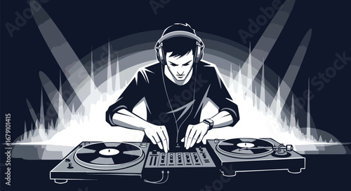 Monochrome DJ Illustration Creating a Vibrant Musical Experience with Turntables and Headphones