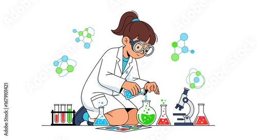 Young Scientist Focused On Chemistry Experiments Discovering Amazing New Results Illustrated