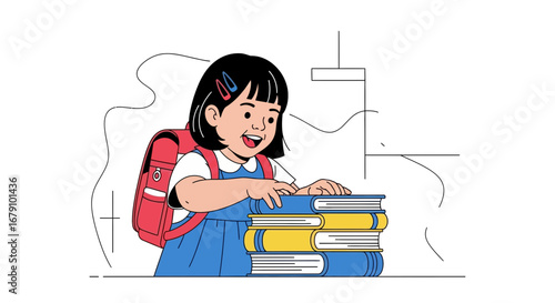 Young Girl Joyfully Interacting With Stacks Of Books Showing Education And Literacy