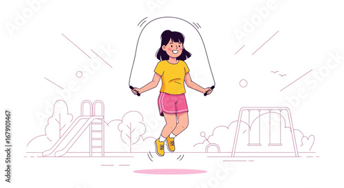Young Girl Jumping Rope Smiling Enjoying Fun Time Playing Outdoors at Park