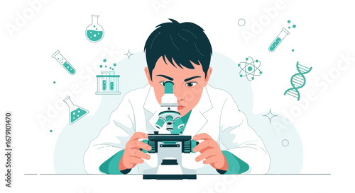 Young Scientist Investigate Under Microscope At Laboratory Illustration Design Elements