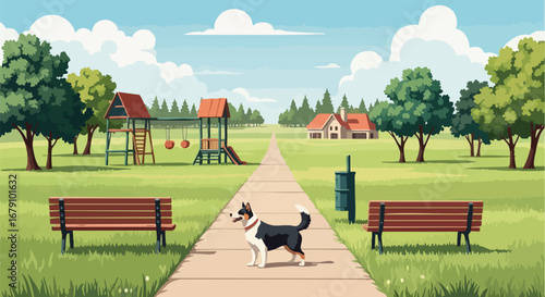 Serene Day at the Park: A Canine Companion's Peaceful Stroll Amidst Playful Scenery and Tranquil Greenery