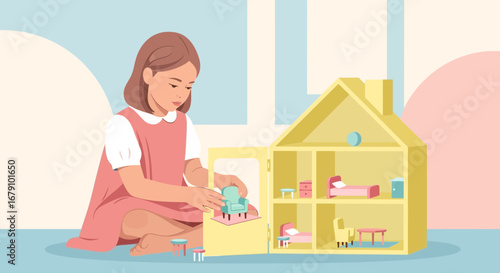 Young girl playing with a dollhouse and arranging the furniture happily in her room