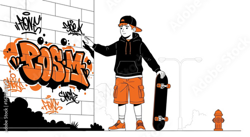 Young skateboarder with graffiti on the brick wall, urban illustration of street art style