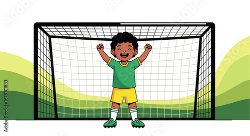 Young Soccer Player Celebrates Victory After Scoring a Goal in a Colorful Illustration