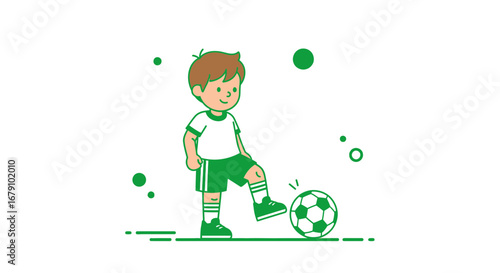 Young Soccer Player Kicking Football With Focus And Precision, Simple Vector Illustration Style